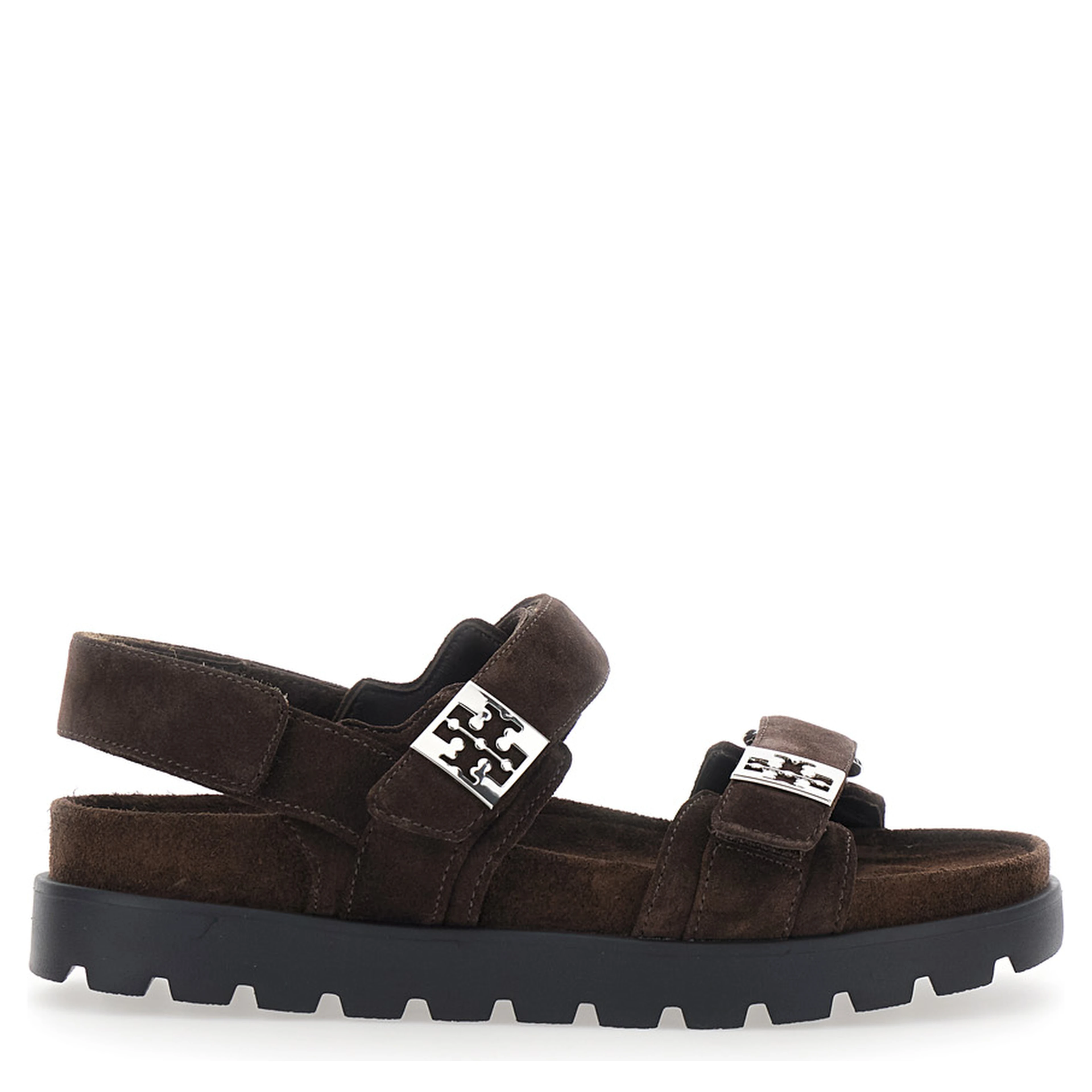 Brown Sandals with Adjustable Closure and Logo Plates in Suede Women