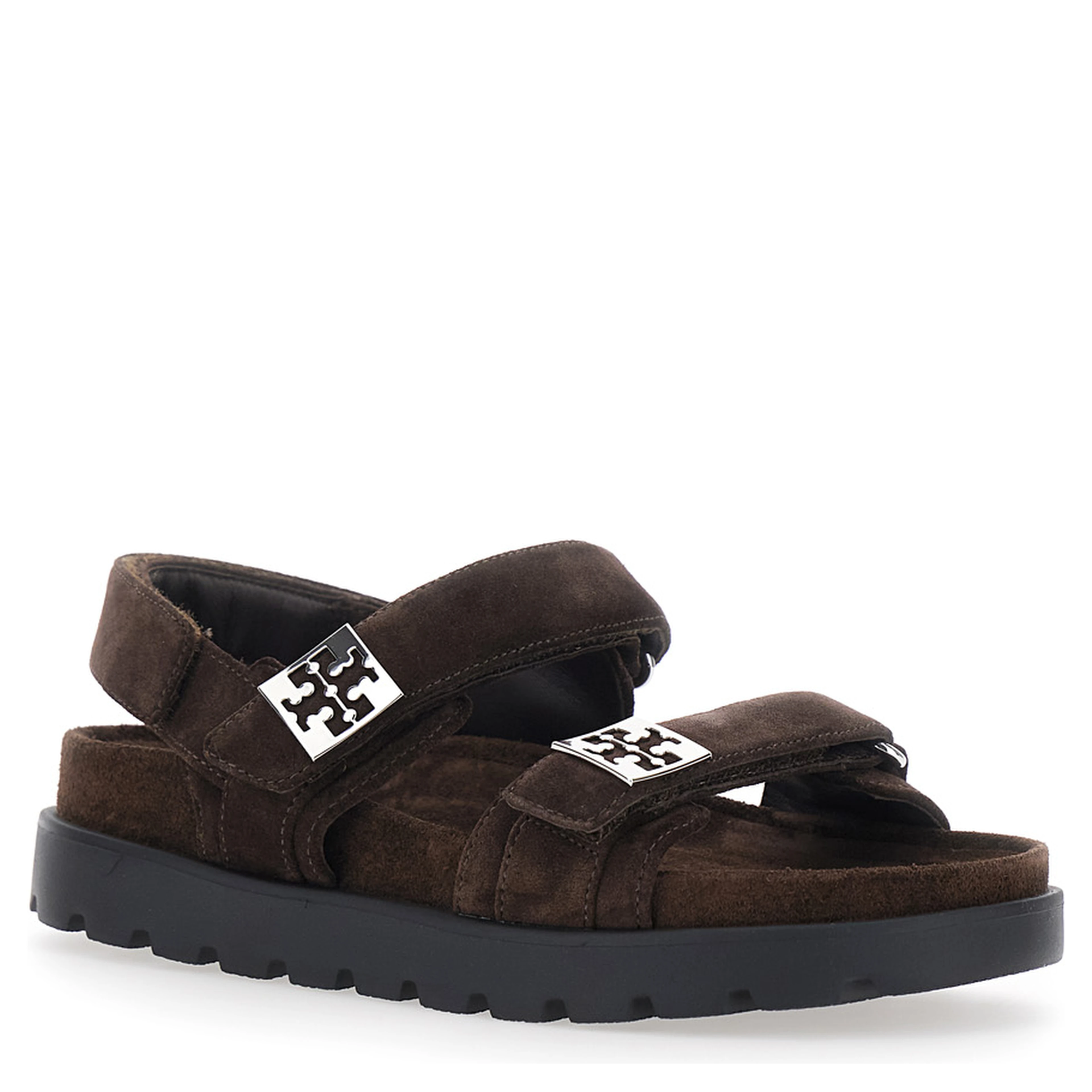 Brown Sandals with Adjustable Closure and Logo Plates in Suede Women