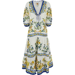 Emily Multicolor Long Dress with V-neck and All-Over Floral Motif in Cotton for Women