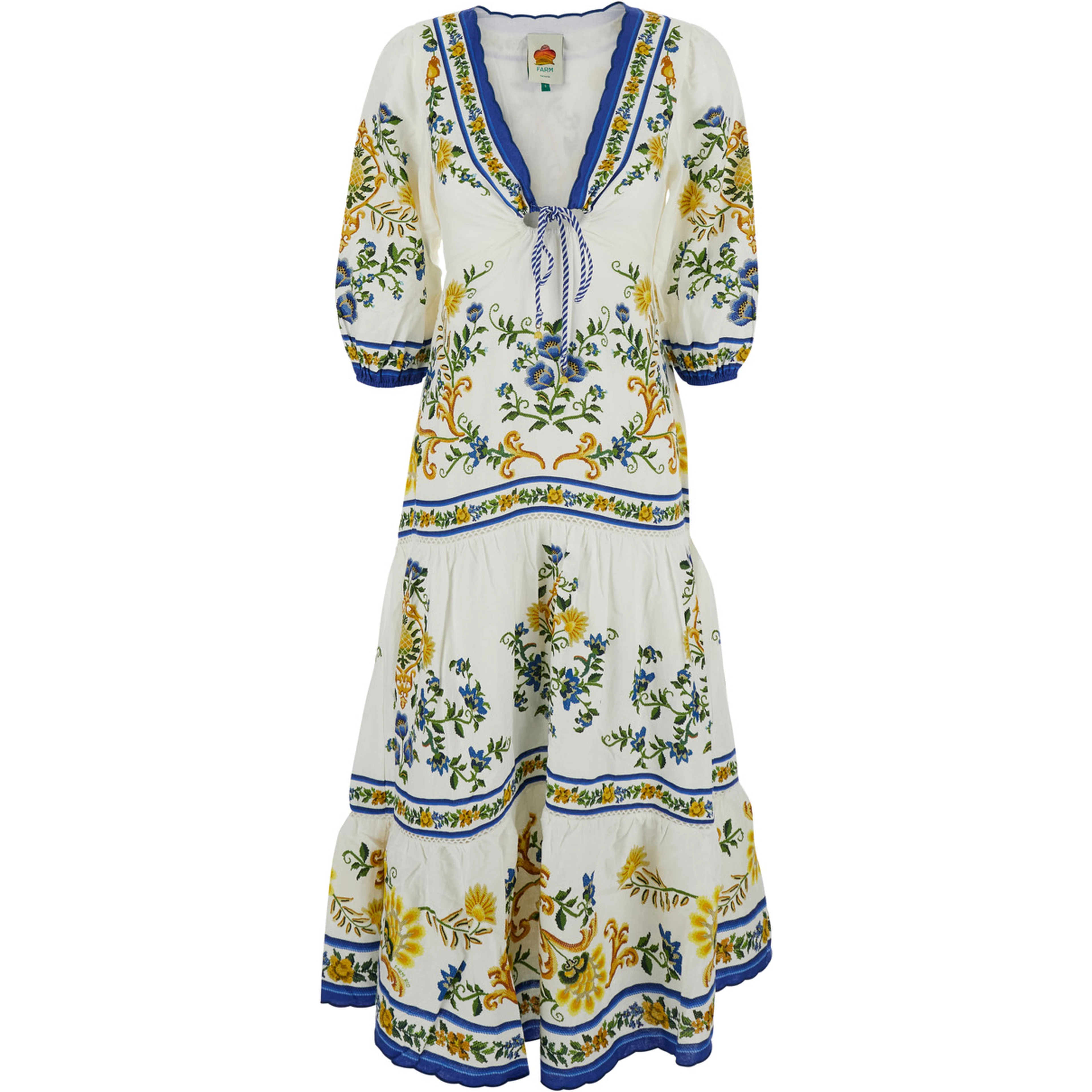 Emily Multicolor Long Dress with V-neck and All-Over Floral Motif in Cotton for Women