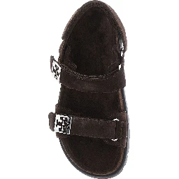 Brown Sandals with Adjustable Closure and Logo Plates in Suede Women