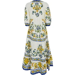 Emily Multicolor Long Dress with V-neck and All-Over Floral Motif in Cotton for Women