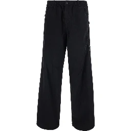 Black Cargo Pants with Logo Patch on the Side and Elastic Waist in Cotton for Men