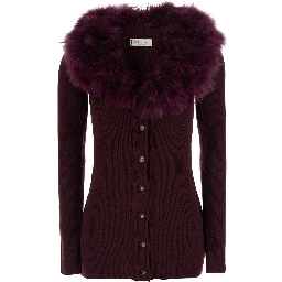 Bordeaux Cardigan with V Neck and Removable Fur Collar in Wool for Women