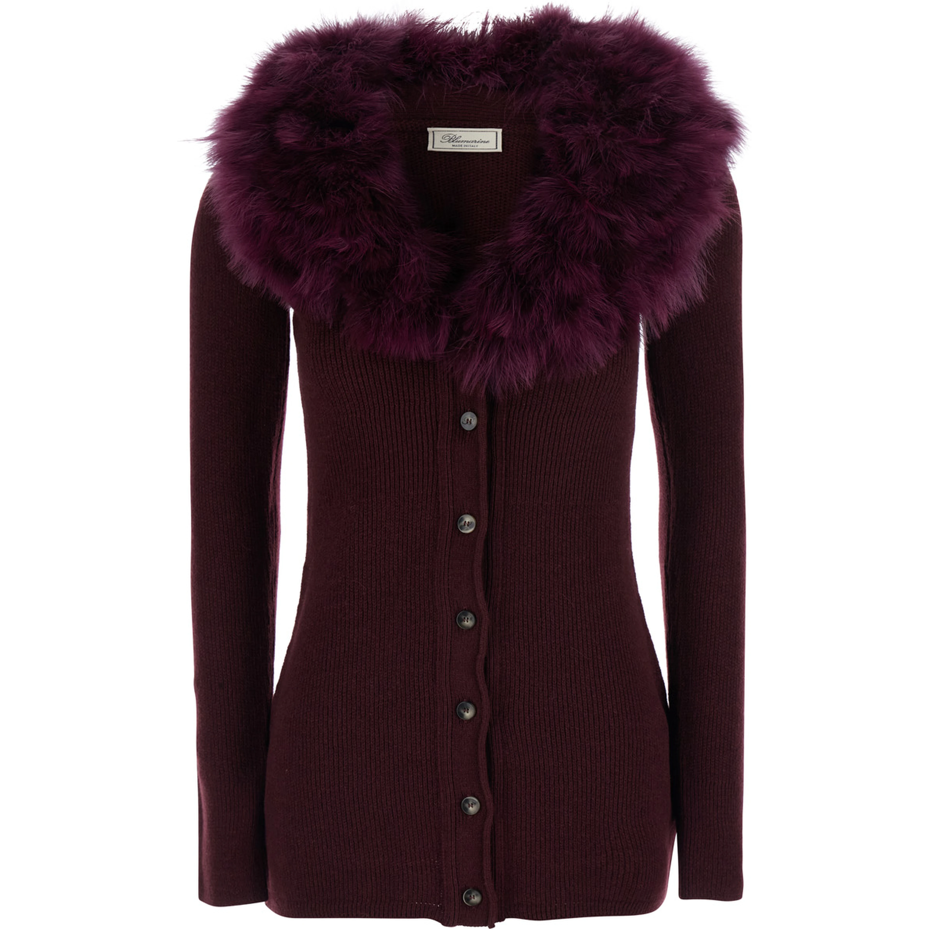 Bordeaux Cardigan with V Neck and Removable Fur Collar in Wool for Women