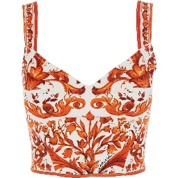 Orange Top with Bustier Design and All-Over Majolica Print in  Silk Blend for Women