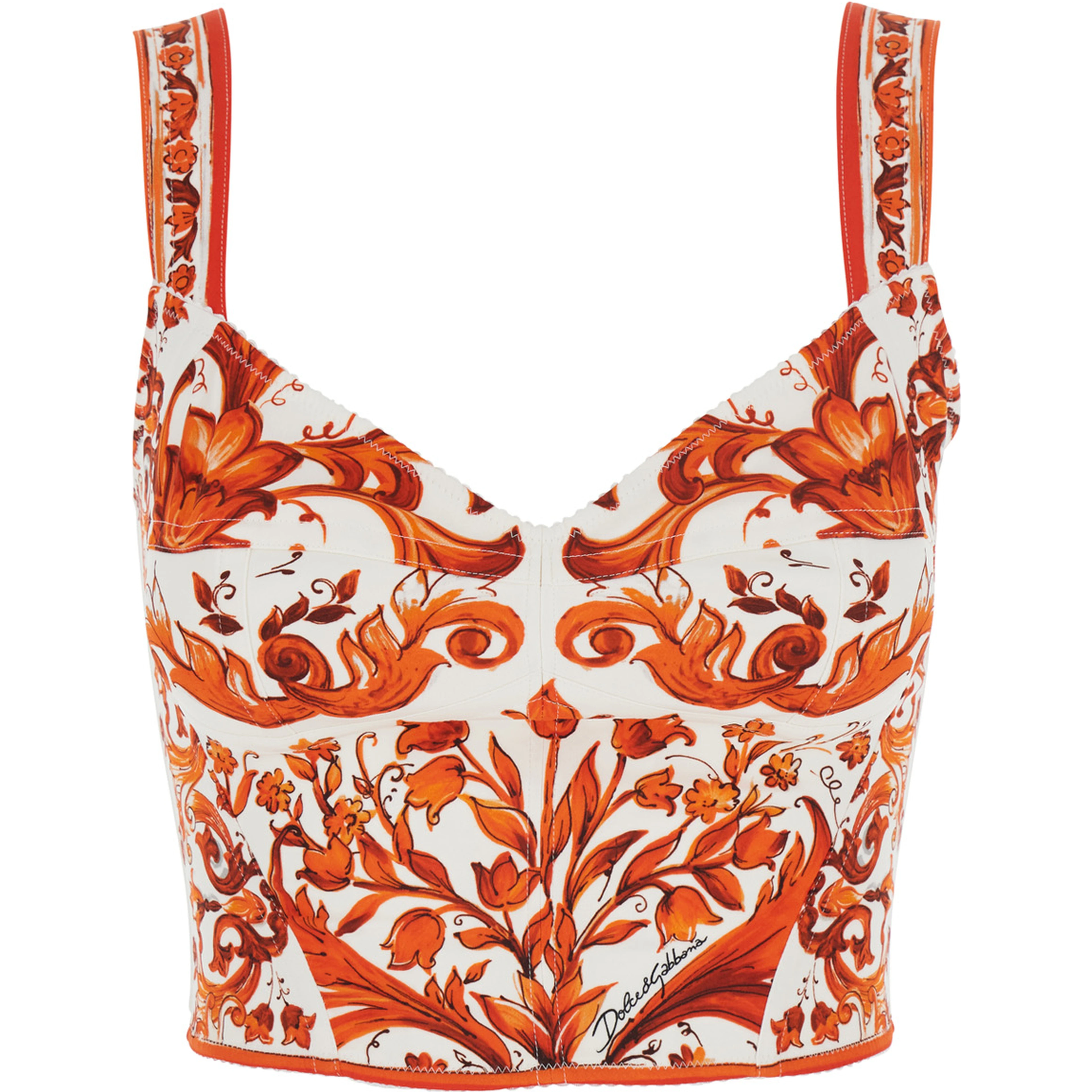 Orange Top with Bustier Design and All-Over Majolica Print in  Silk Blend for Women