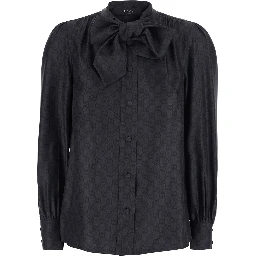 Black Shirt with Knot Bow Collar and All-Over GG Print in Silk for Women