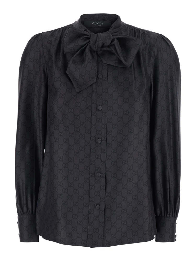 Black Shirt with Knot Bow Collar and All-Over GG Print in Silk for Women