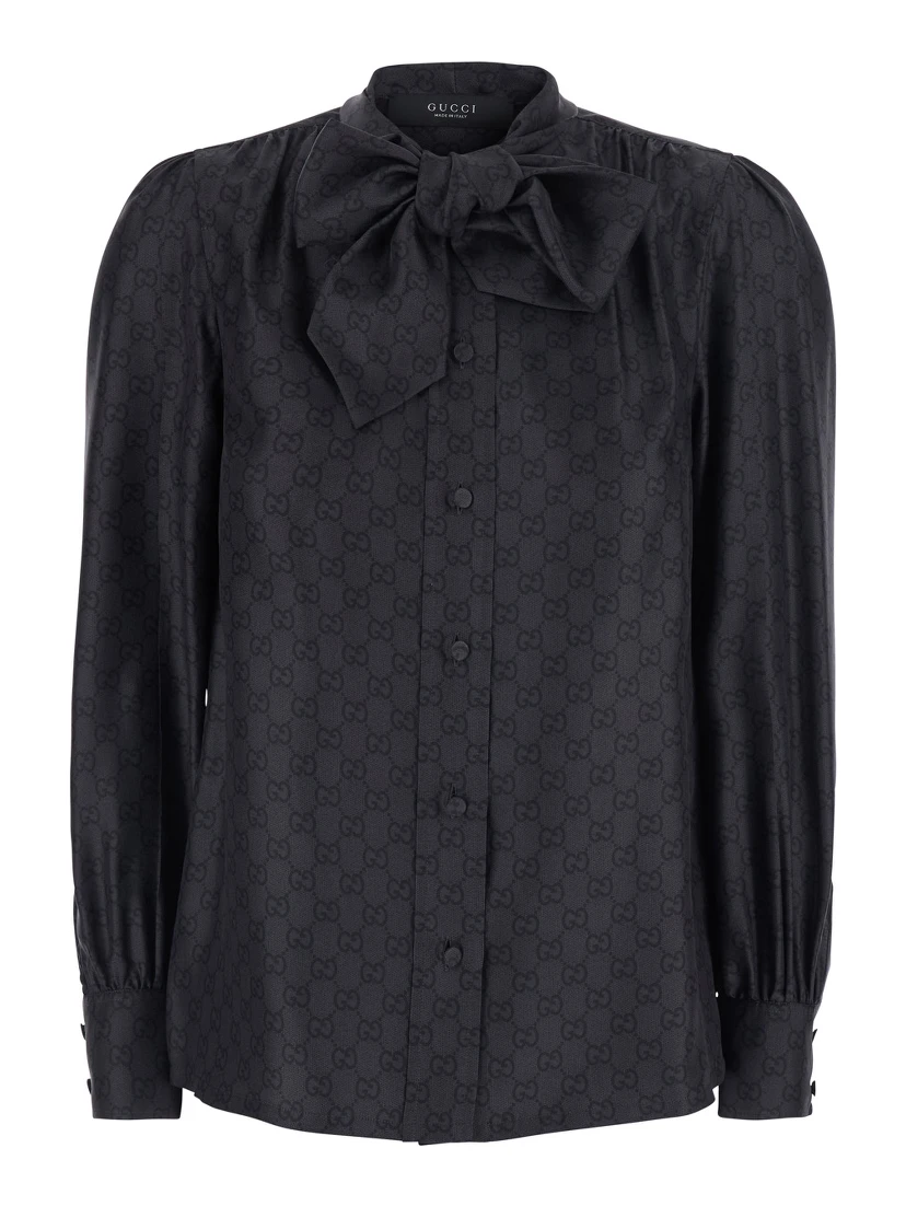 Black Shirt with Knot Bow Collar and All-Over GG Print in Silk for Women