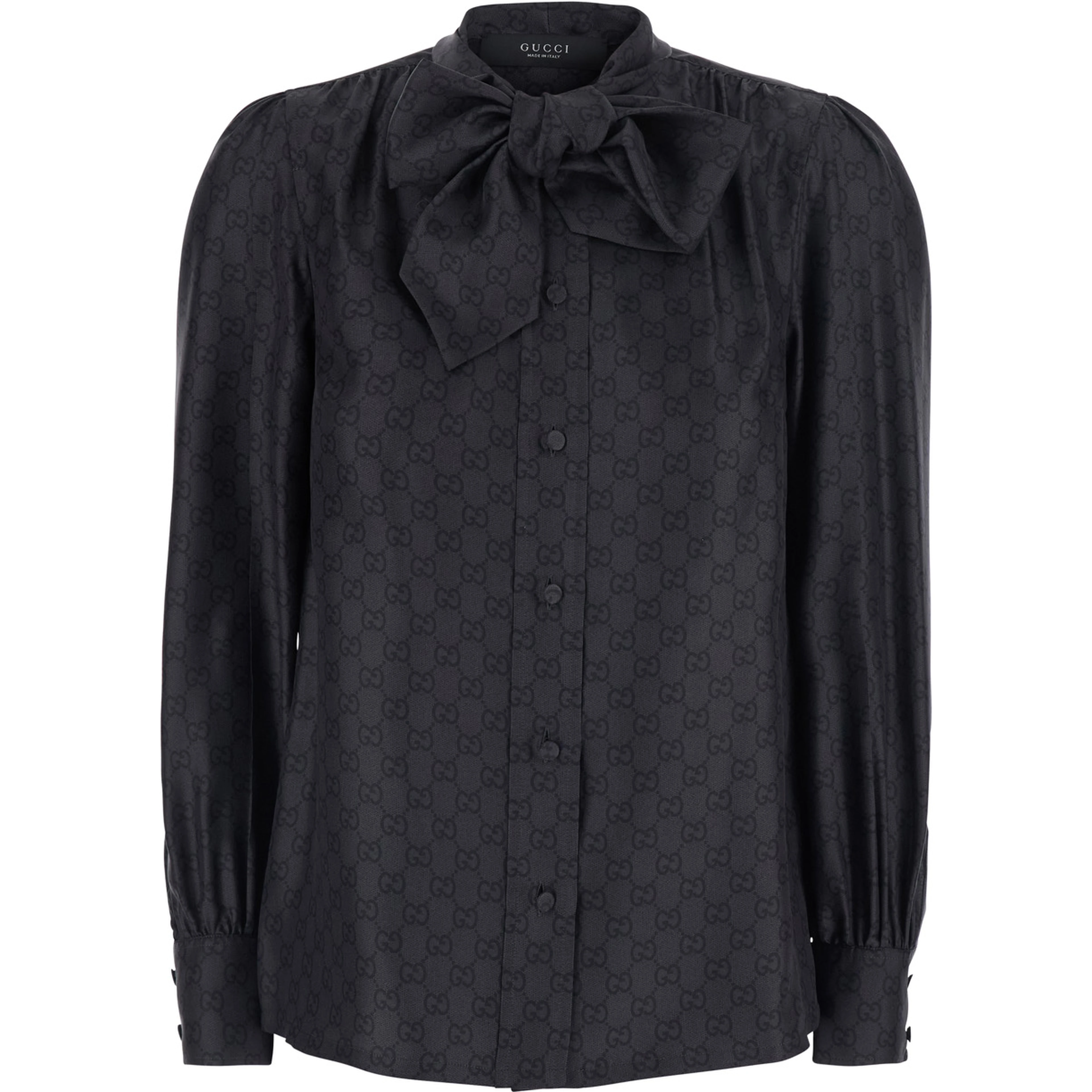 Black Shirt with Knot Bow Collar and All-Over GG Print in Silk for Women