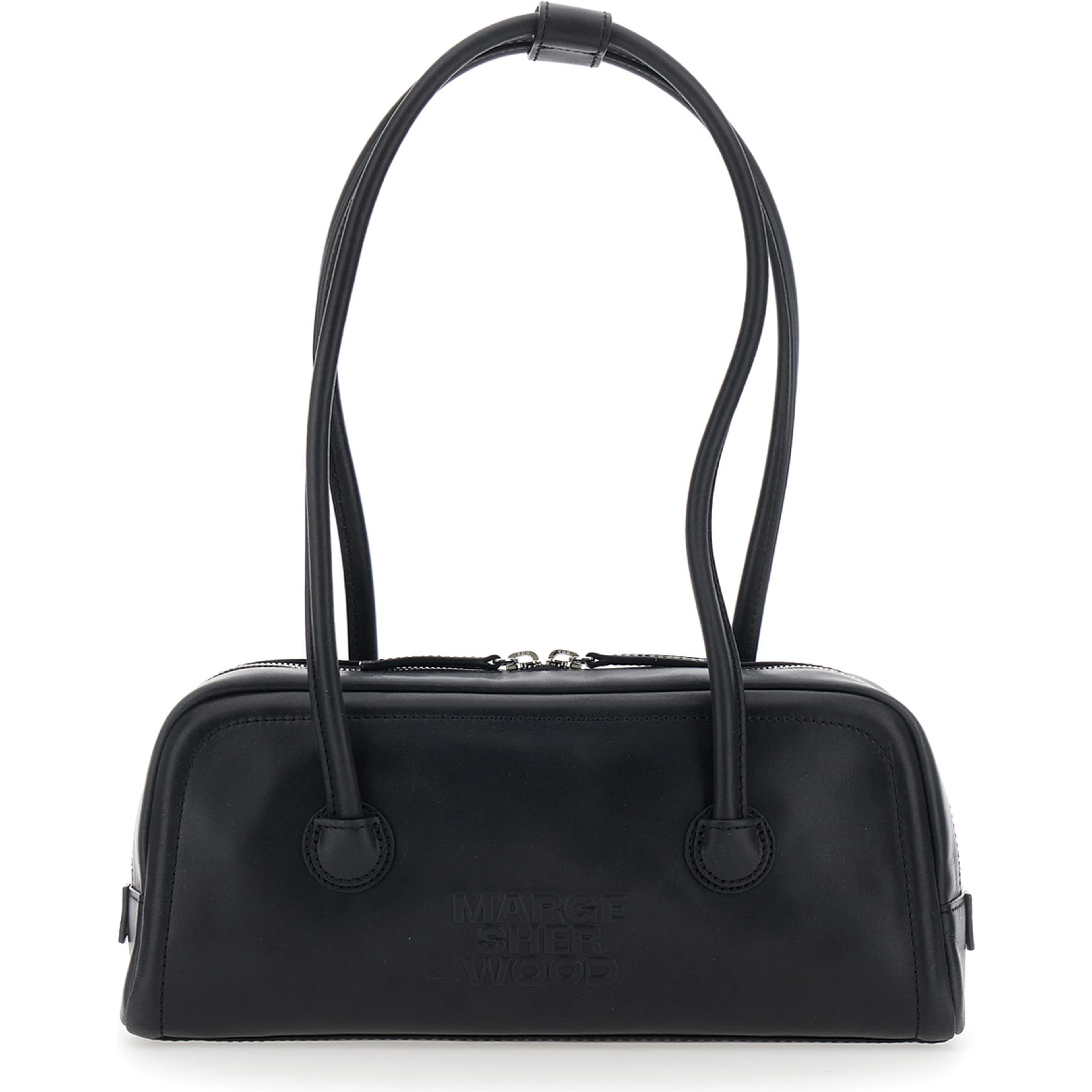 Soft Boston Ew Black Shoulder bag with Two Top Handles and Logo lettering on the Front in Leather for Women