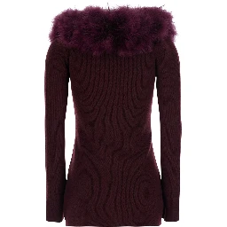 Bordeaux Cardigan with V Neck and Removable Fur Collar in Wool for Women