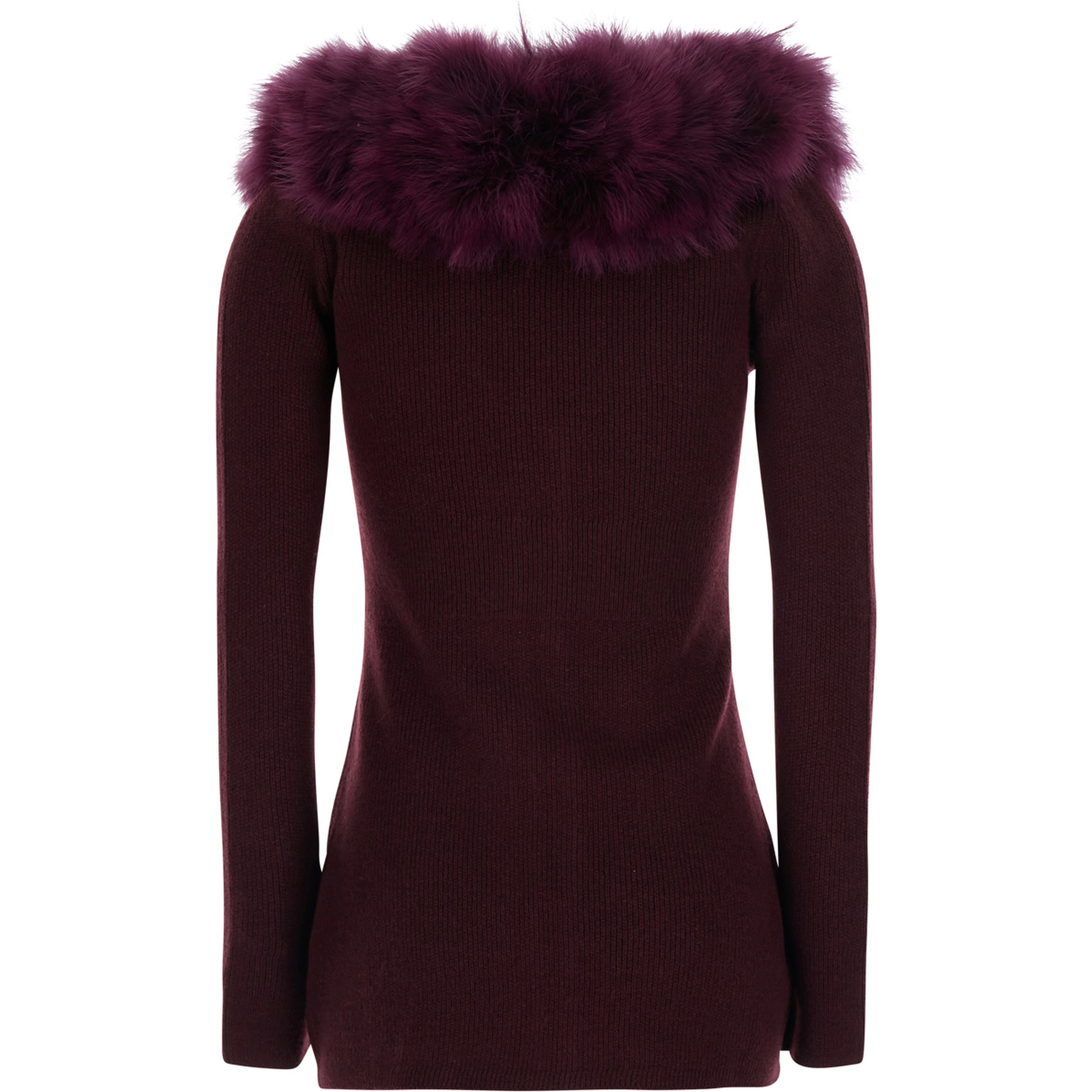 Bordeaux Cardigan with V Neck and Removable Fur Collar in Wool for Women