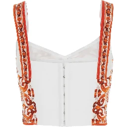 Orange Top with Bustier Design and All-Over Majolica Print in  Silk Blend for Women