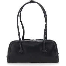 Soft Boston Ew Black Shoulder bag with Two Top Handles and Logo lettering on the Front in Leather for Women