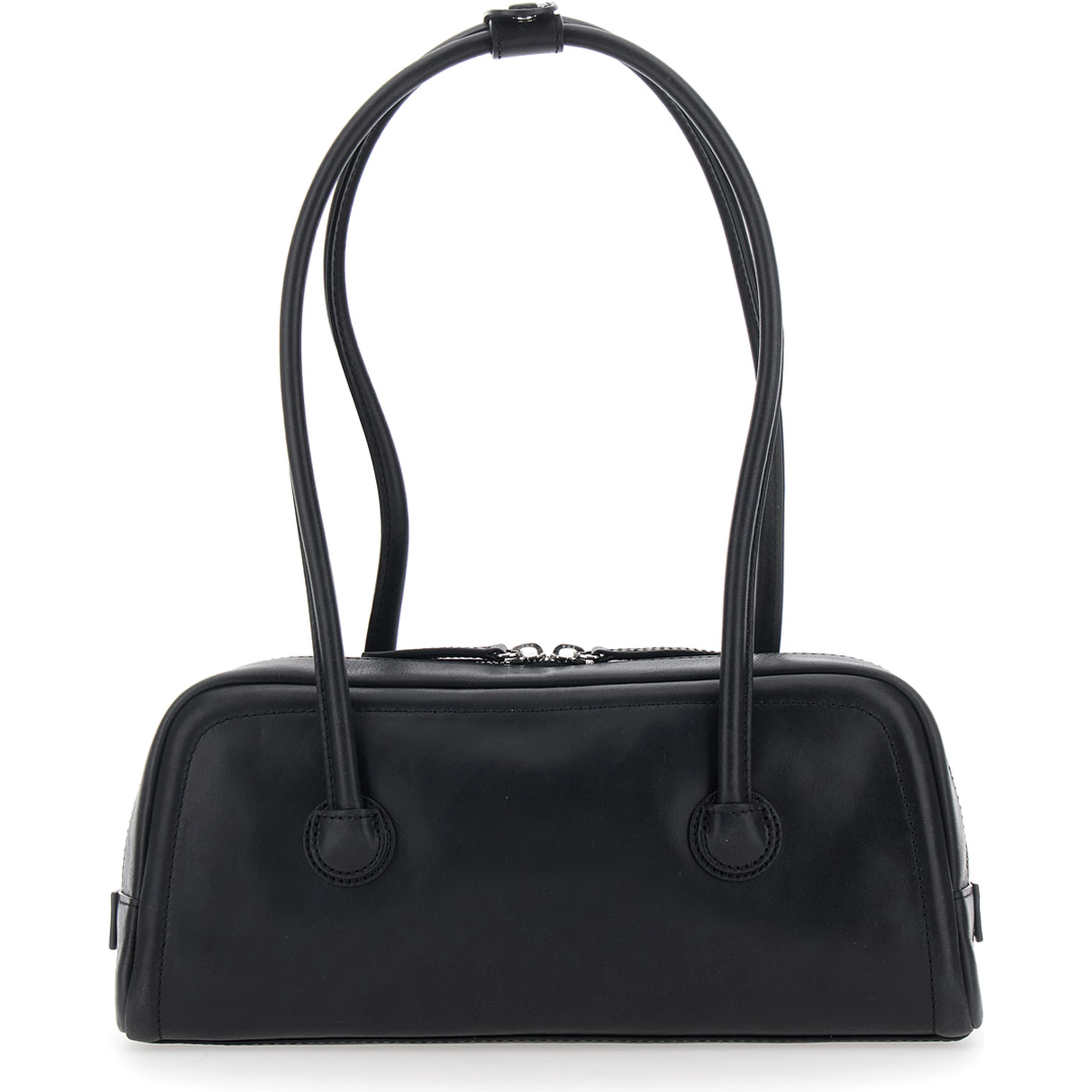 Soft Boston Ew Black Shoulder bag with Two Top Handles and Logo lettering on the Front in Leather for Women