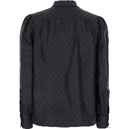 Black Shirt with Knot Bow Collar and All-Over GG Print in Silk for Women