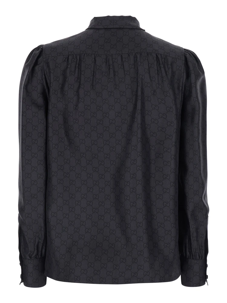 Black Shirt with Knot Bow Collar and All-Over GG Print in Silk for Women alternative