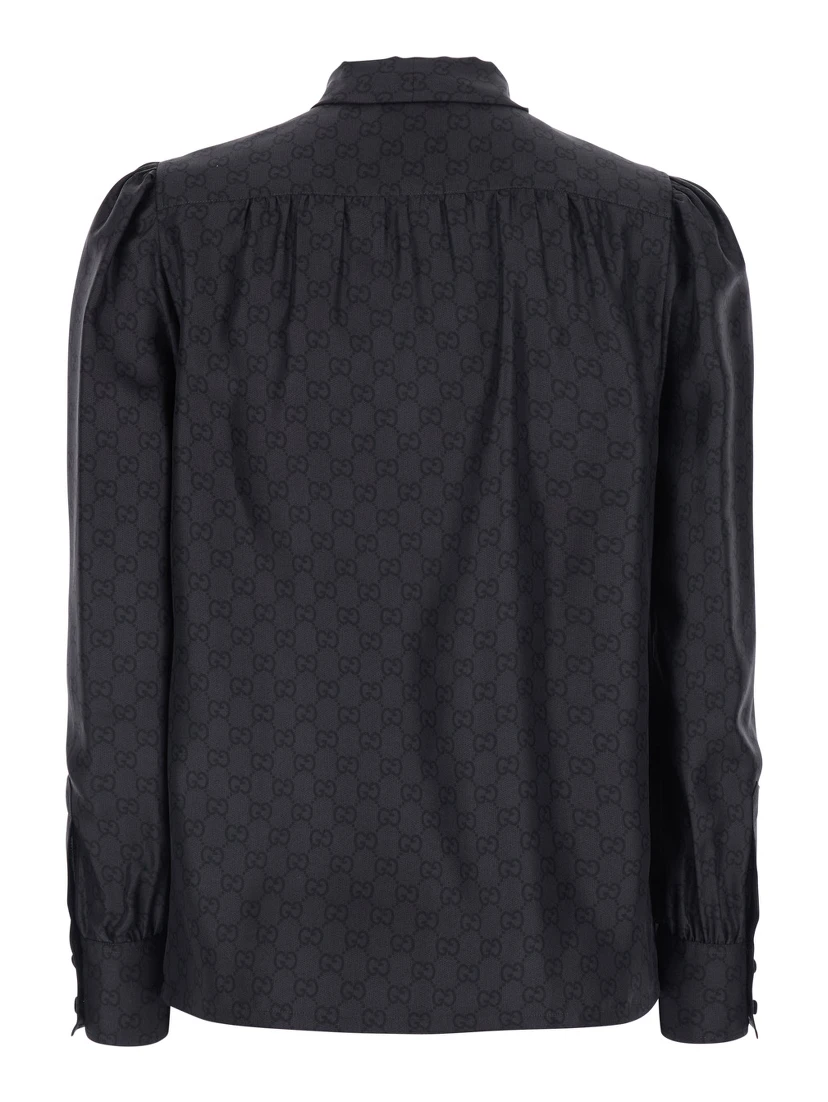 Black Shirt with Knot Bow Collar and All-Over GG Print in Silk for Women