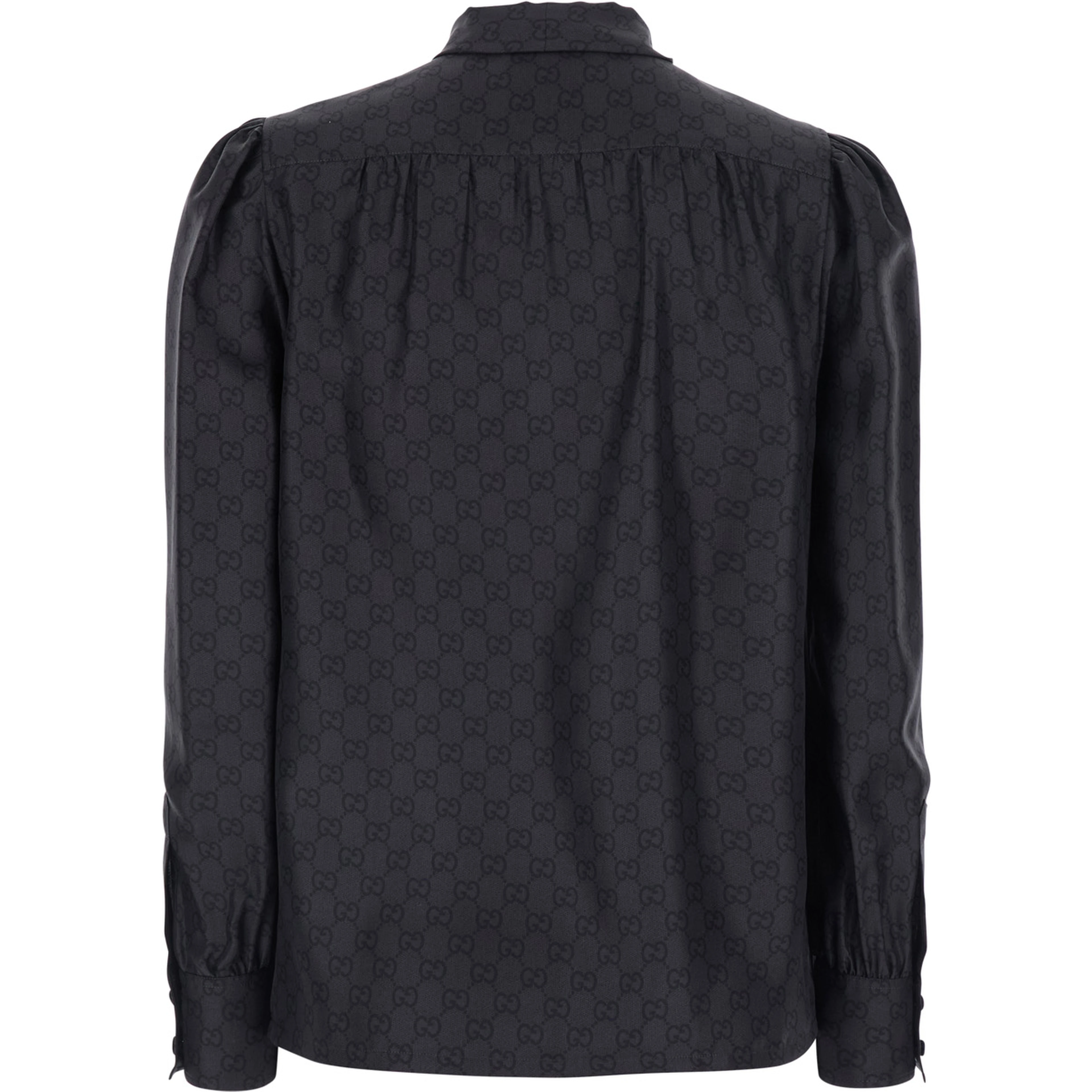 Black Shirt with Knot Bow Collar and All-Over GG Print in Silk for Women
