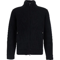 black Cardigan with high collar and zip closure in merino wool for men