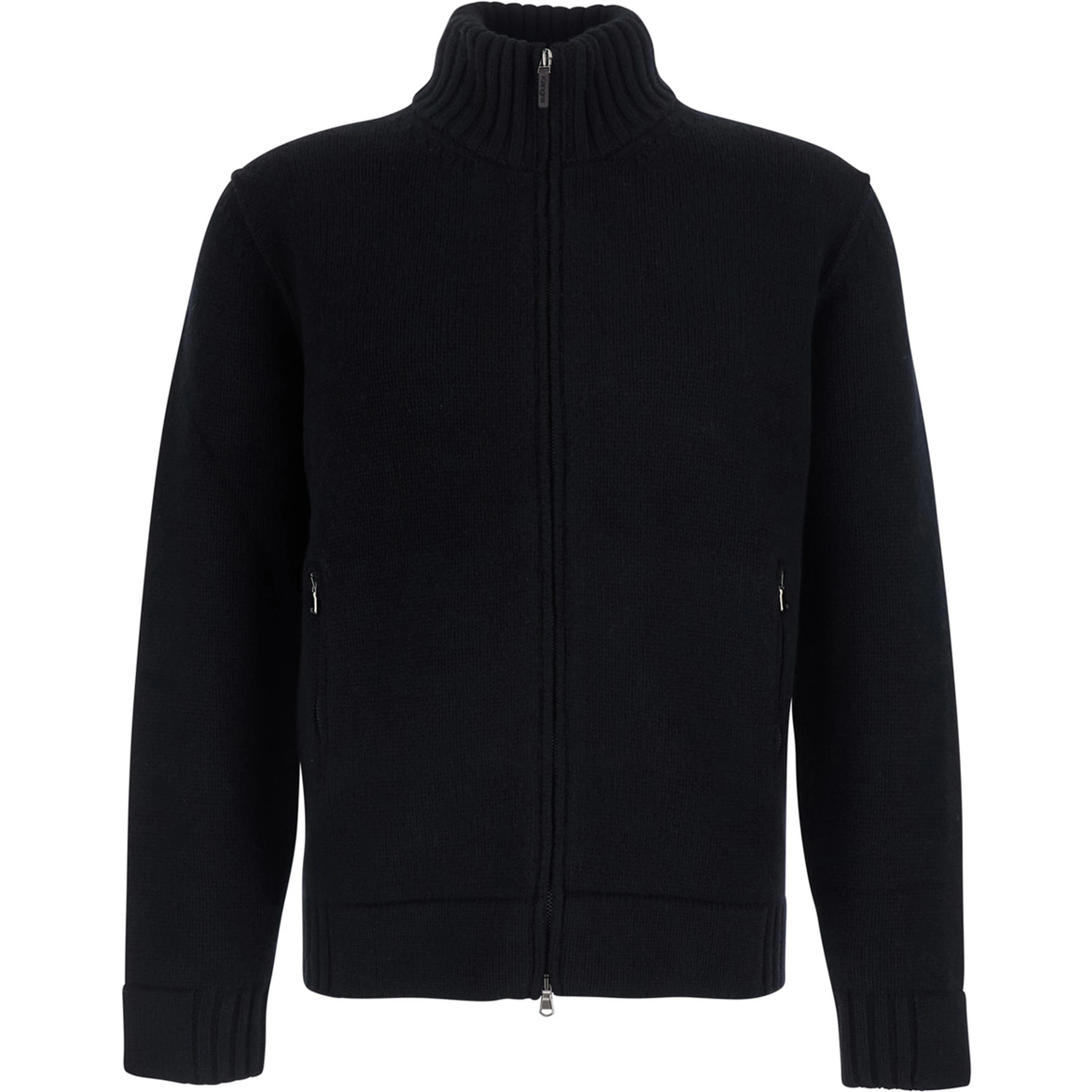 black Cardigan with high collar and zip closure in merino wool for men