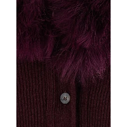 Bordeaux Cardigan with V Neck and Removable Fur Collar in Wool for Women