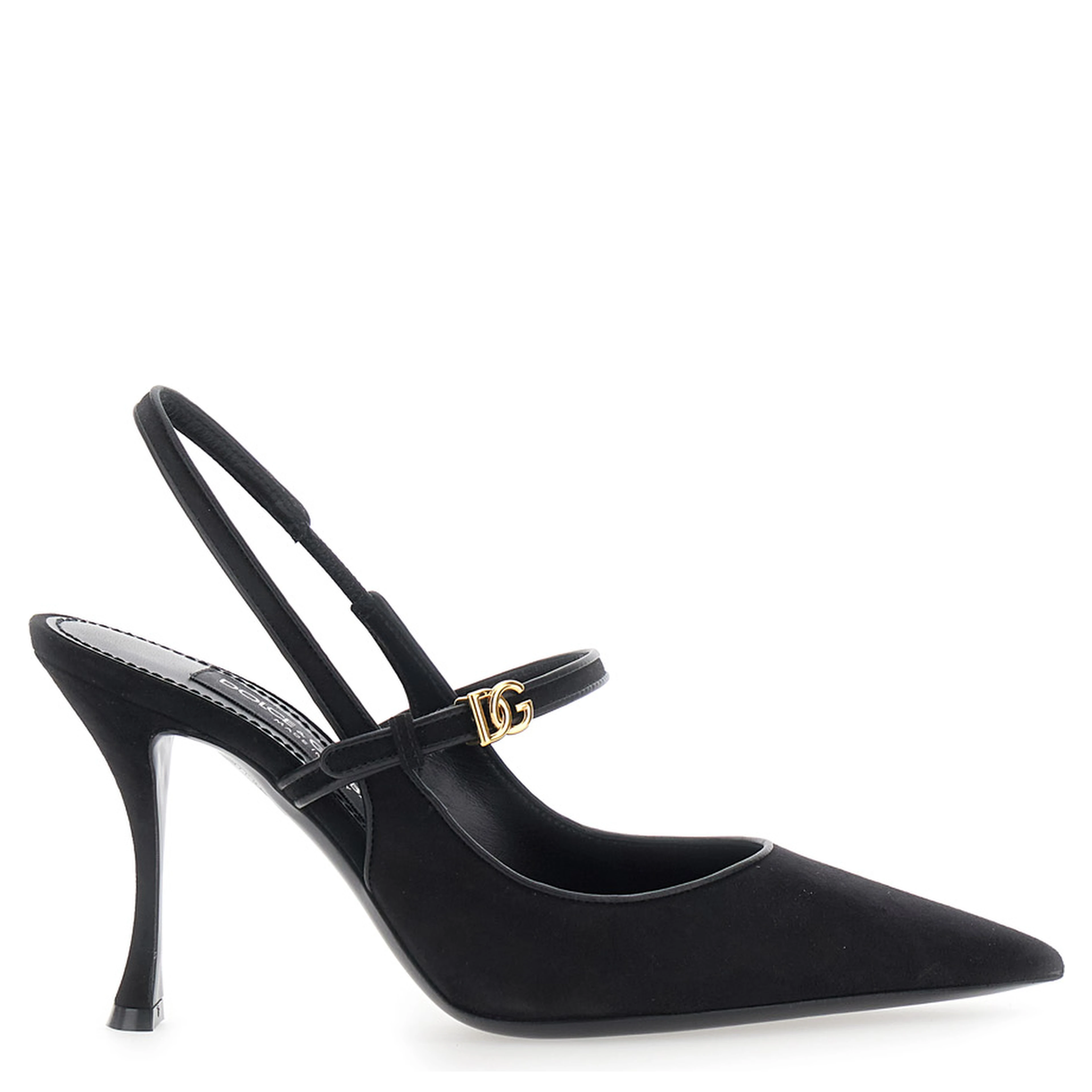 Black Slingback Pumps with Ankle Strap Closure in Suede for Women