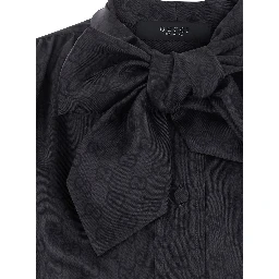 Black Shirt with Knot Bow Collar and All-Over GG Print in Silk for Women