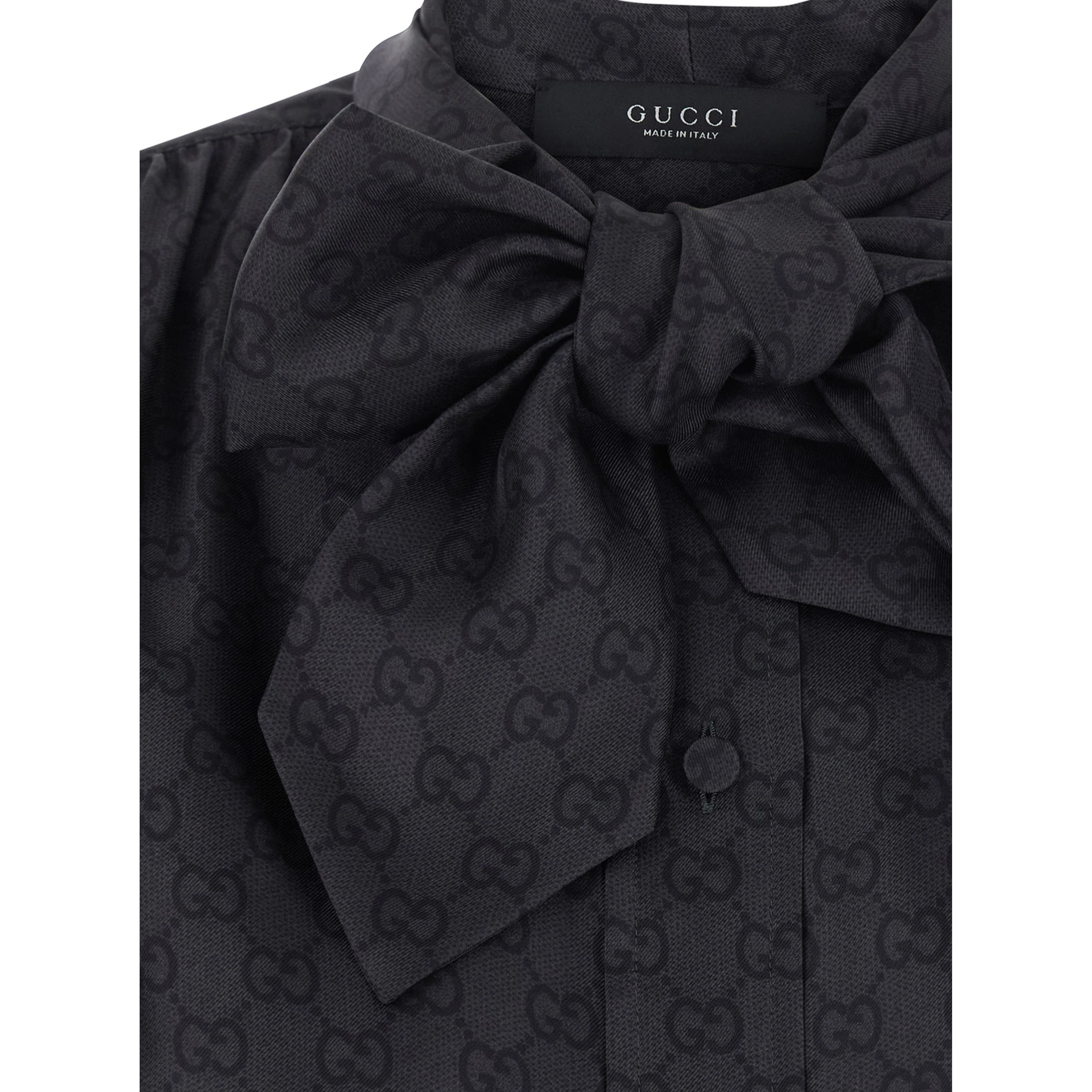 Black Shirt with Knot Bow Collar and All-Over GG Print in Silk for Women