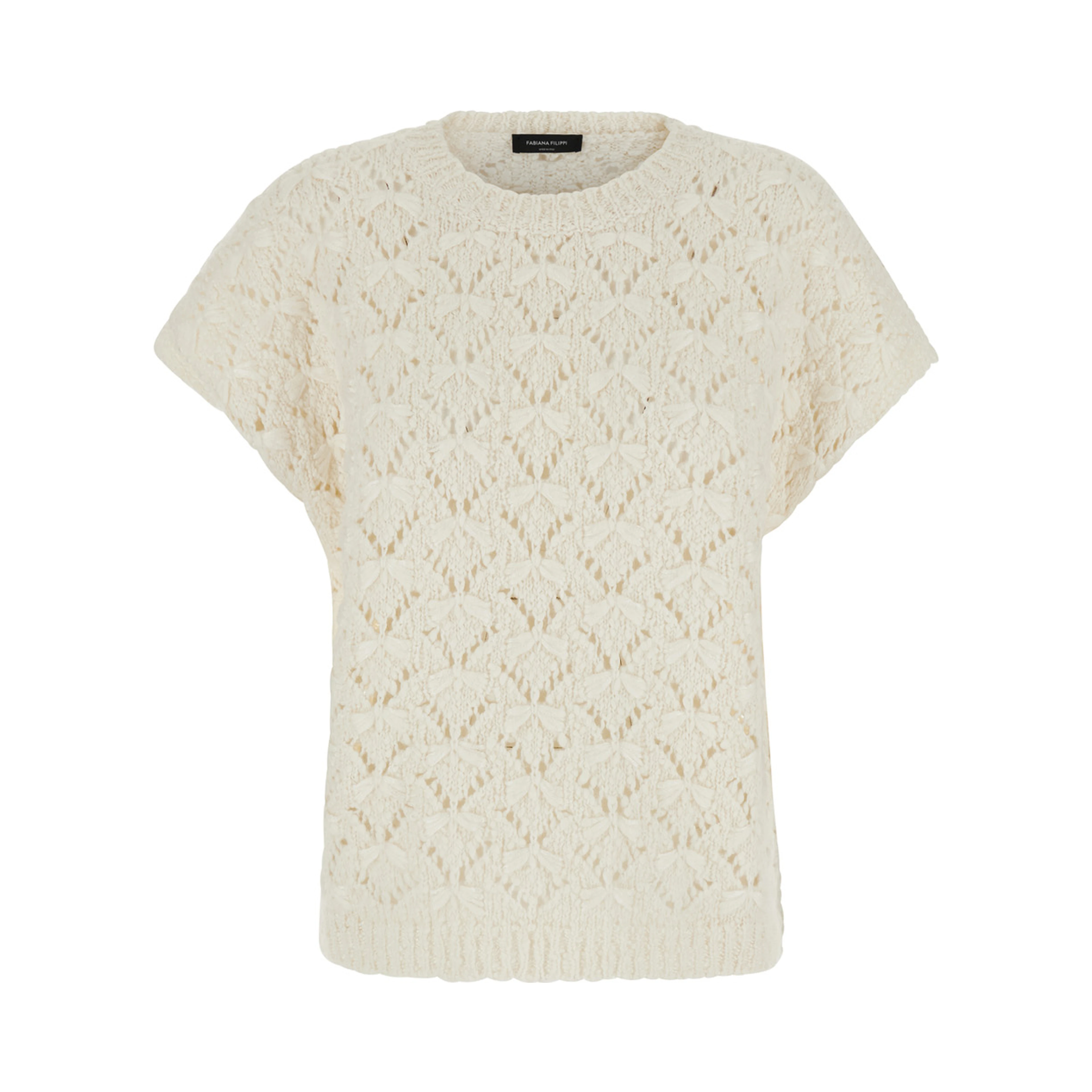 white T-SHIRT with round neck and braided work in wool Blend women
