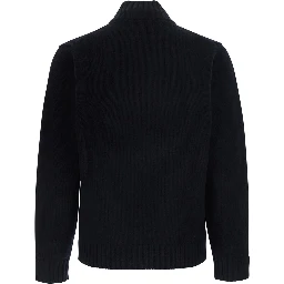 black Cardigan with high collar and zip closure in merino wool for men