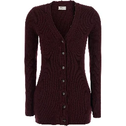 Bordeaux Cardigan with V Neck and Removable Fur Collar in Wool for Women