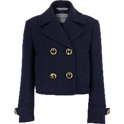 Blue Cropped Jacket with Wide Notched Revers and Halfbelt in Wool for Women