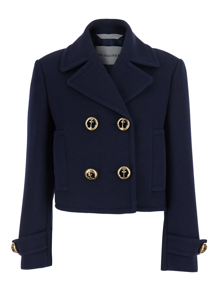 Blue Cropped Jacket with Wide Notched Revers and Halfbelt in Wool for Women