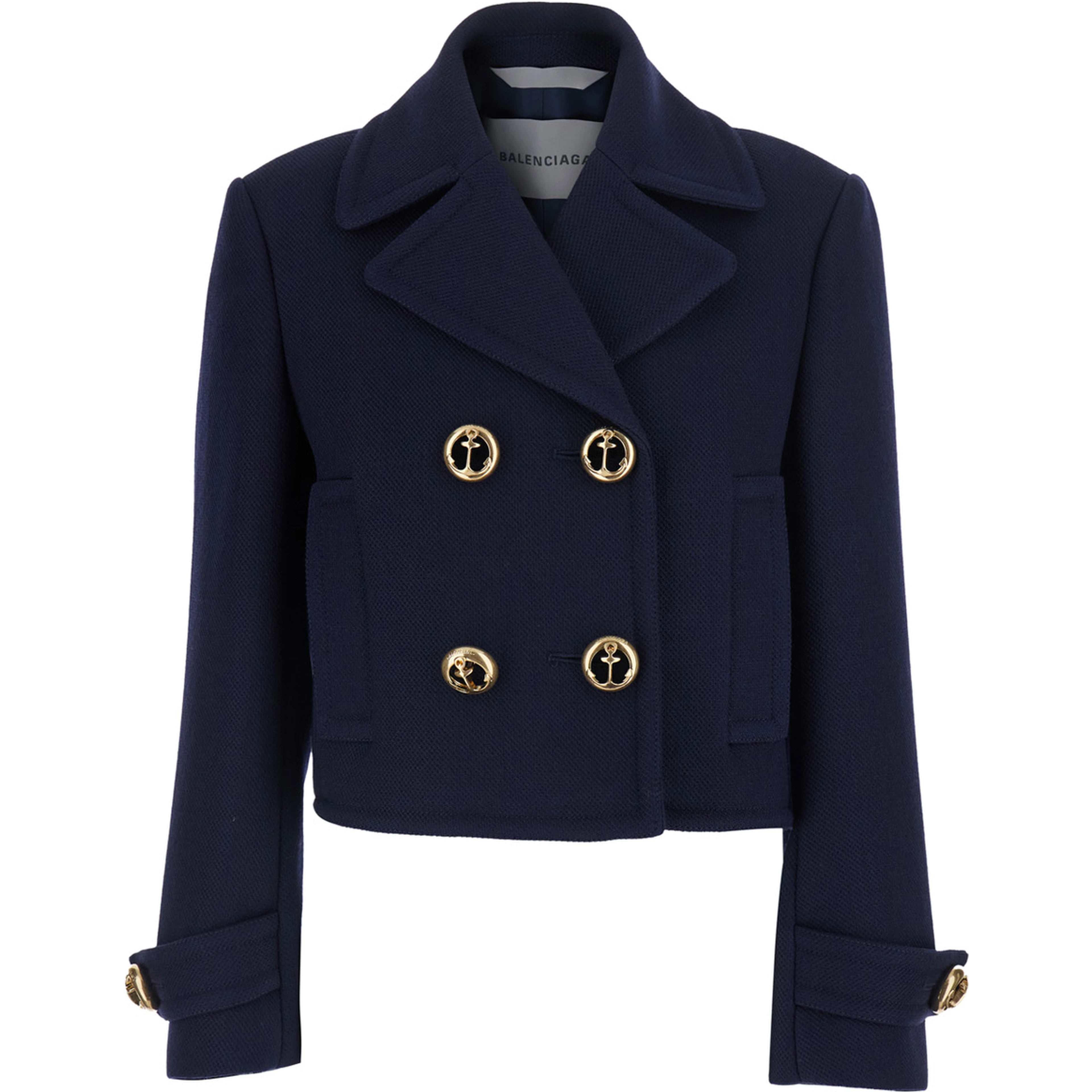 Blue Cropped Jacket with Wide Notched Revers and Halfbelt in Wool for Women