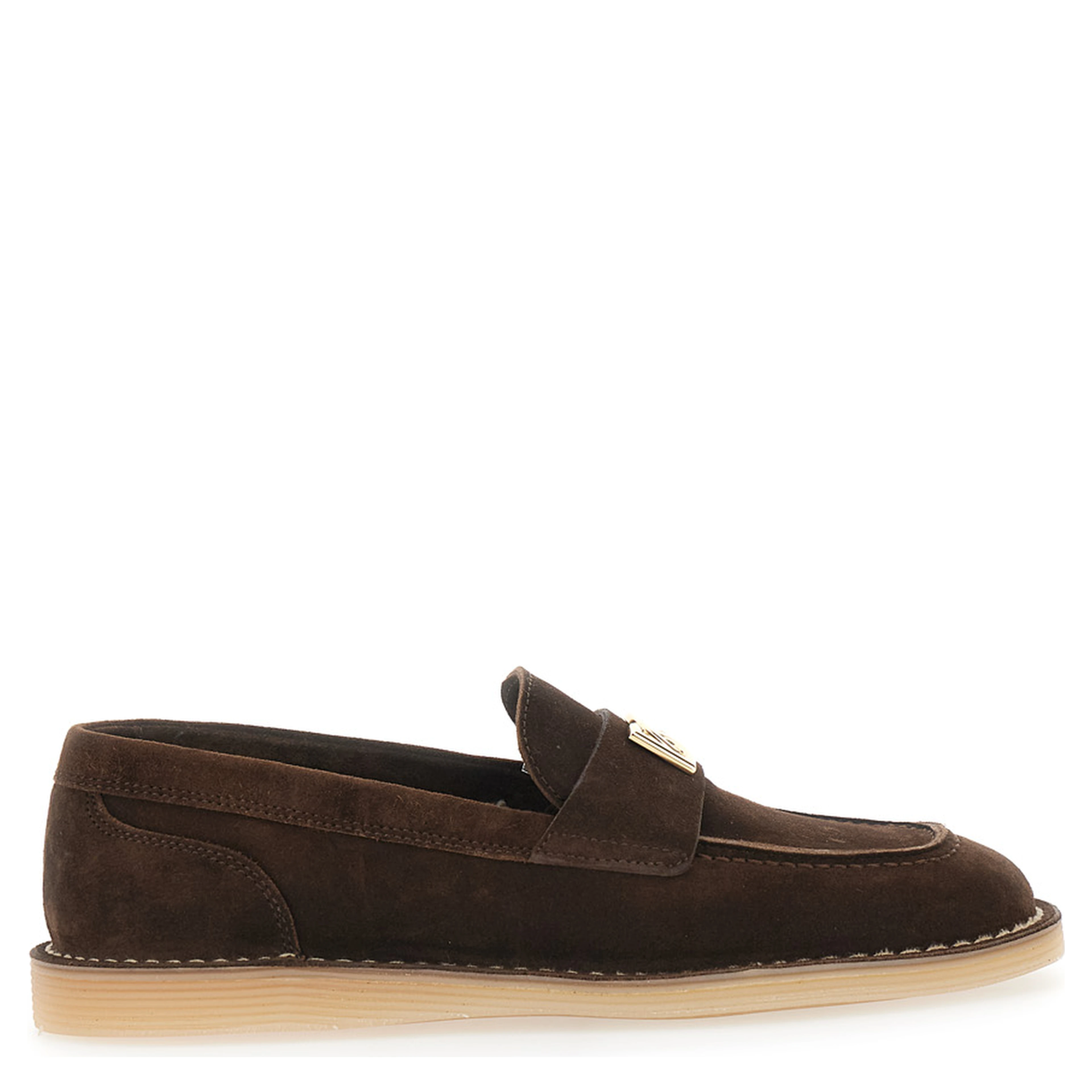 Brown Loafers with logo plate on the front and contrasting stitching in suede for women