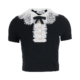 black Top with collar with lace details in wool for women
