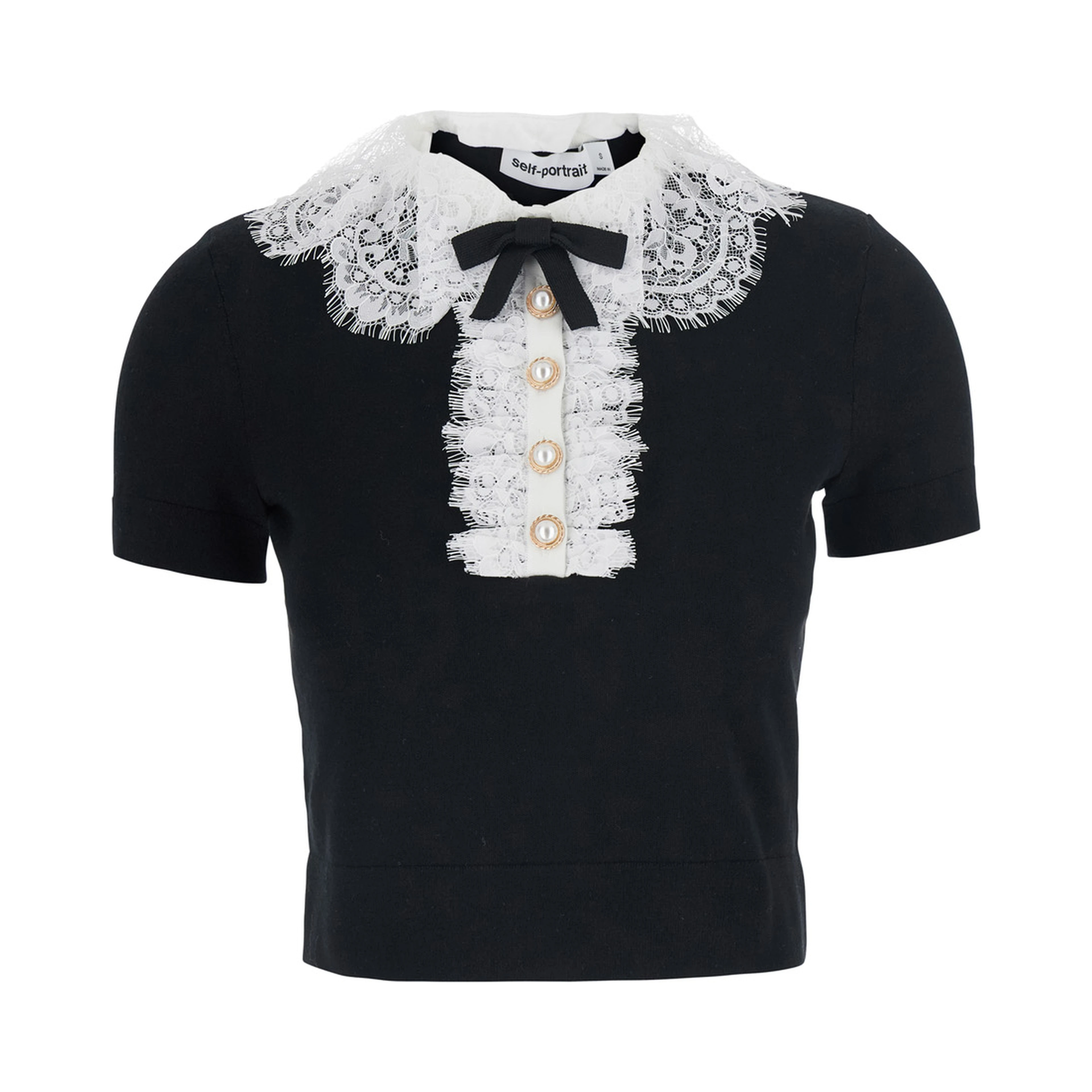 black Top with collar with lace details in wool for women
