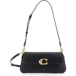 Jet Black Crossbody bag with Logo Plate on the Front and Adjustable and Removable Black Strap in Leather for Women