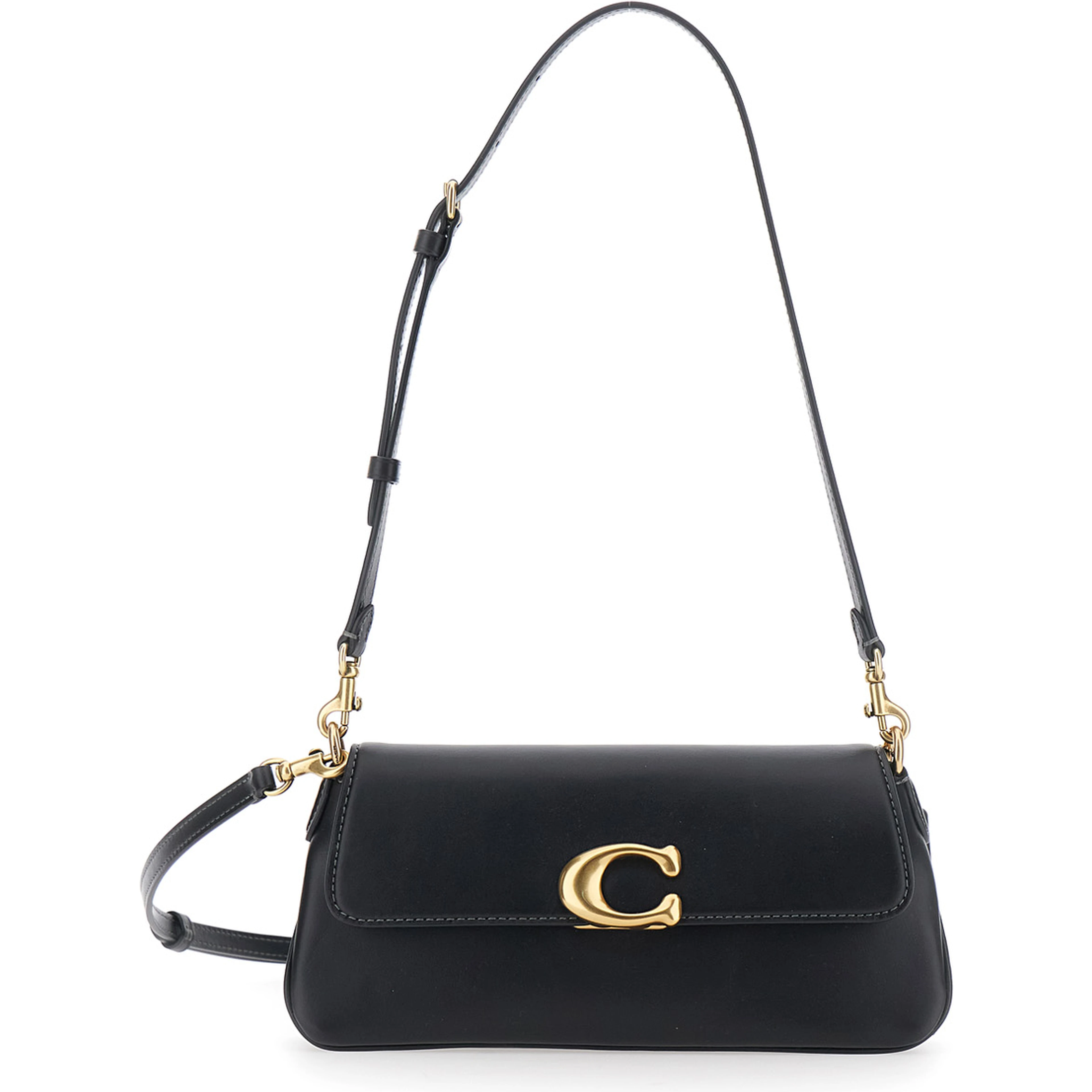 Jet Black Crossbody bag with Logo Plate on the Front and Adjustable and Removable Black Strap in Leather for Women