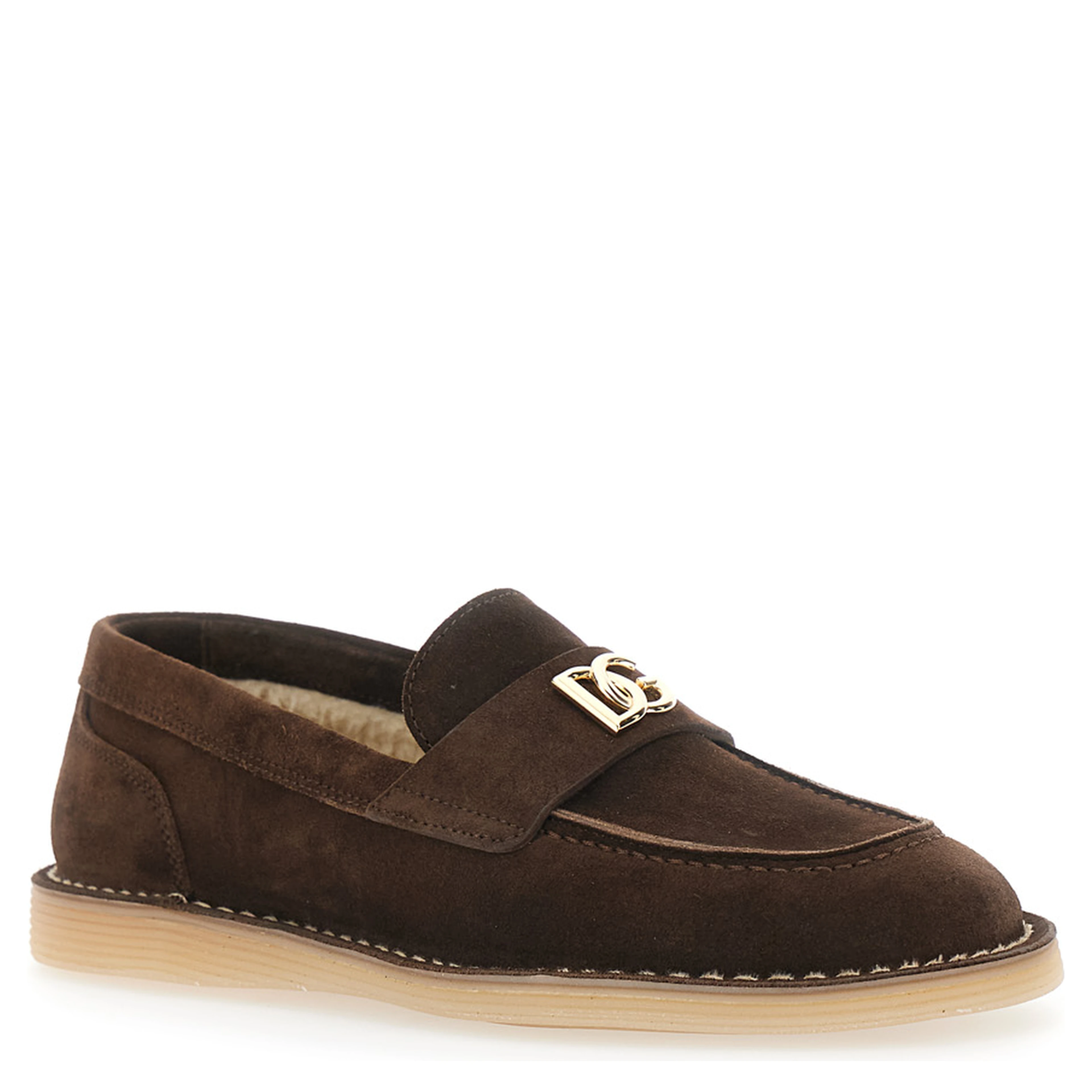 Brown Loafers with logo plate on the front and contrasting stitching in suede for women