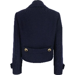 Blue Cropped Jacket with Wide Notched Revers and Halfbelt in Wool for Women