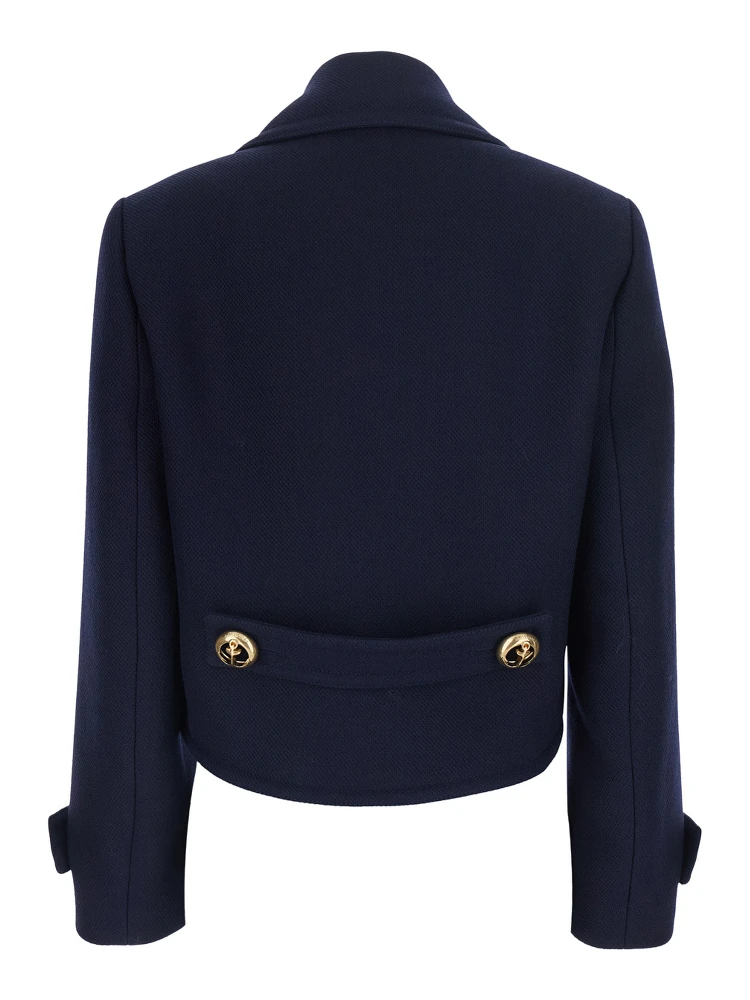 Blue Cropped Jacket with Wide Notched Revers and Halfbelt in Wool for Women alternative