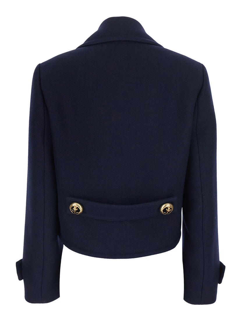 Blue Cropped Jacket with Wide Notched Revers and Halfbelt in Wool for Women