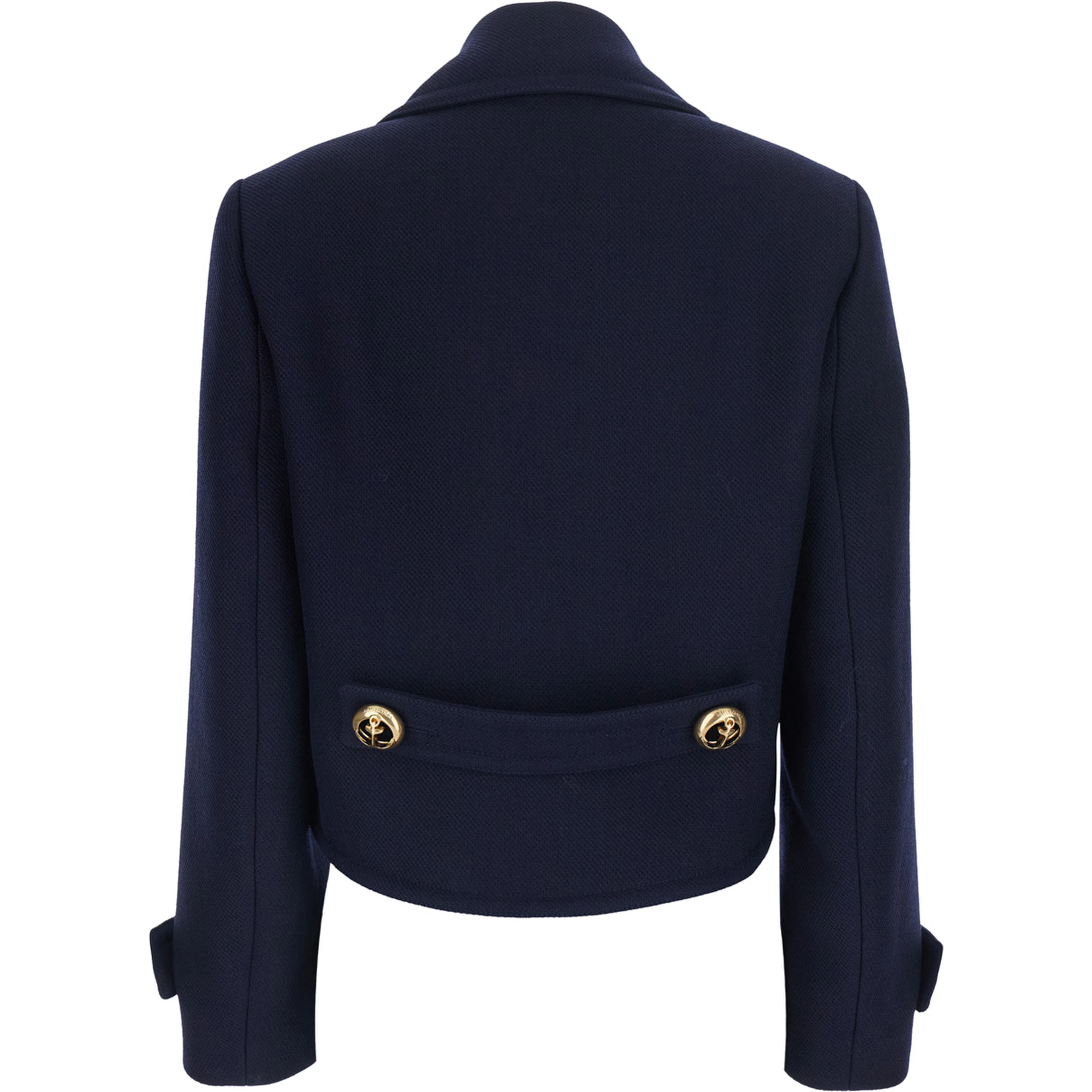 Blue Cropped Jacket with Wide Notched Revers and Halfbelt in Wool for Women