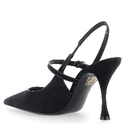 Black Slingback Pumps with Ankle Strap Closure in Suede for Women