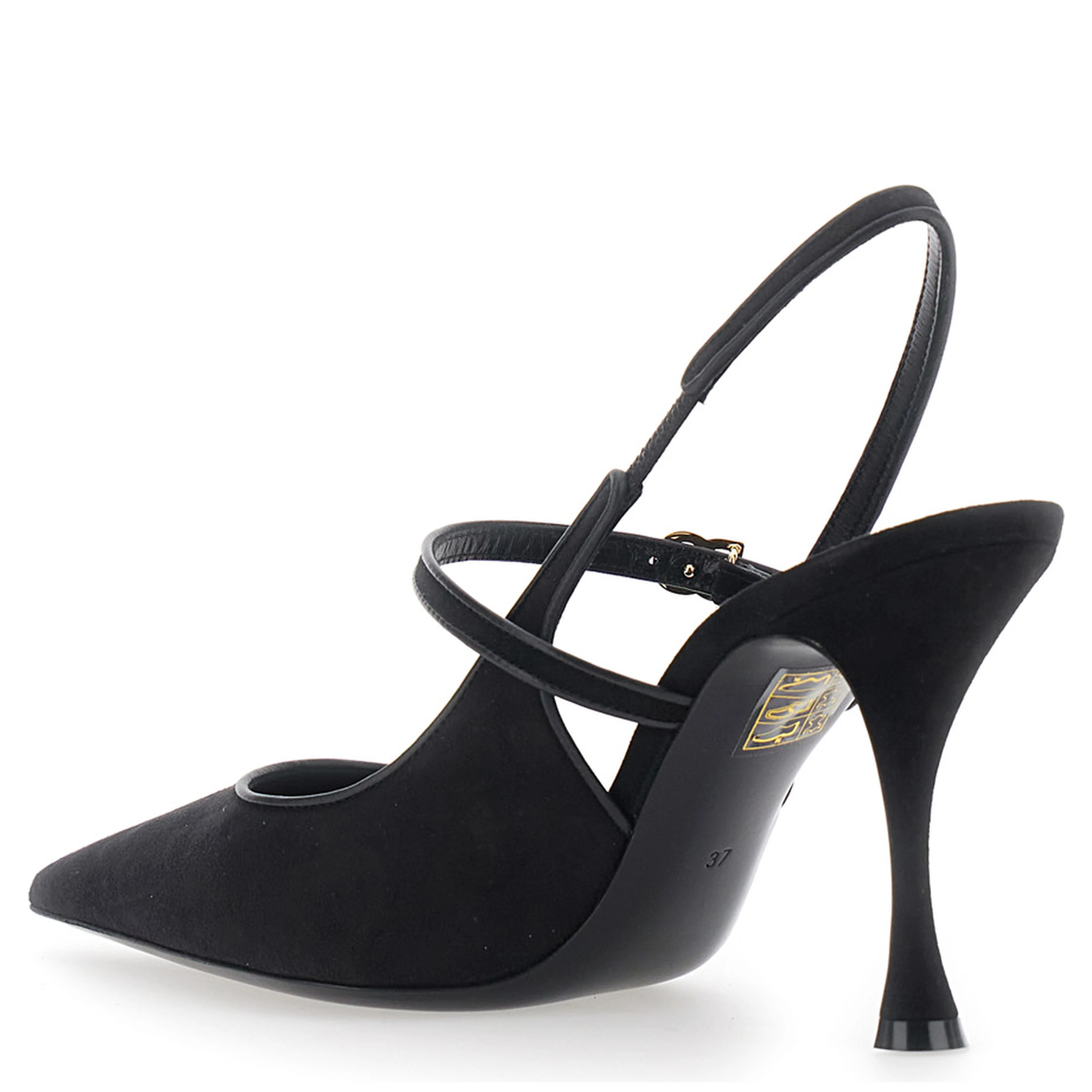 Black Slingback Pumps with Ankle Strap Closure in Suede for Women