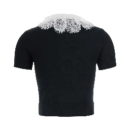 black Top with collar with lace details in wool for women